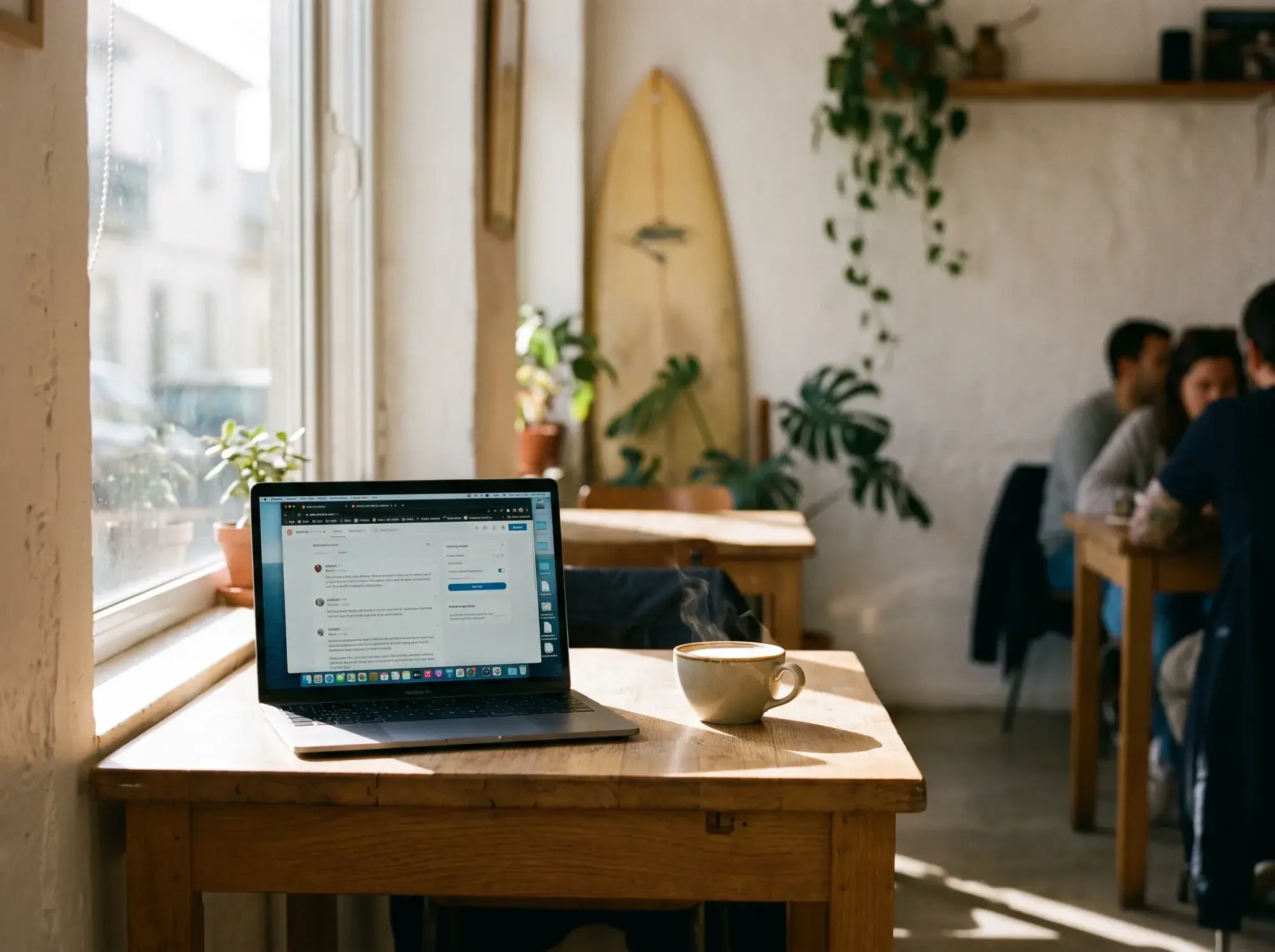 Illustrative image: laptop and flat white on a sunlit café table