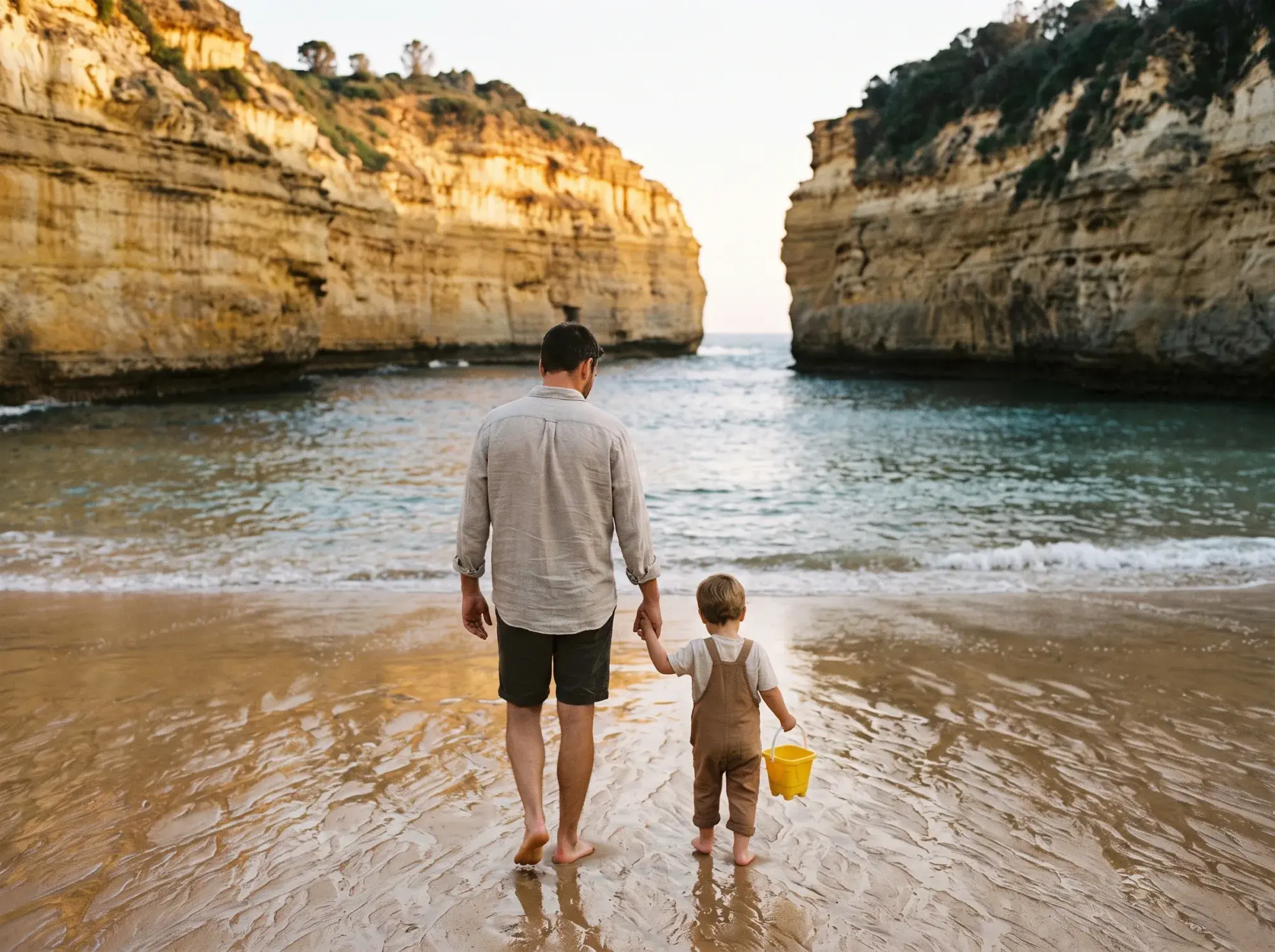 Illustrative image: parent and child walking along a cove at low tide