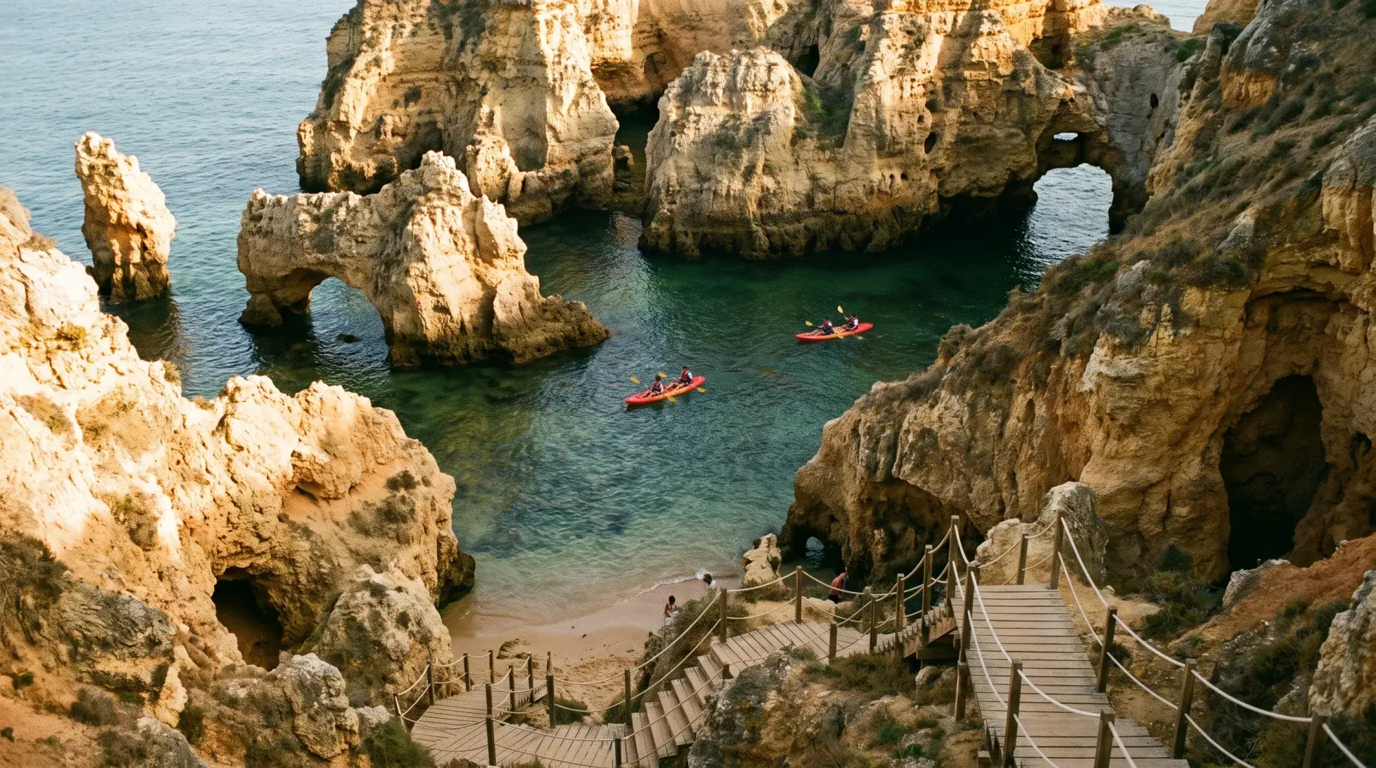 Illustrative image: rock arches and kayaks below golden cliffs